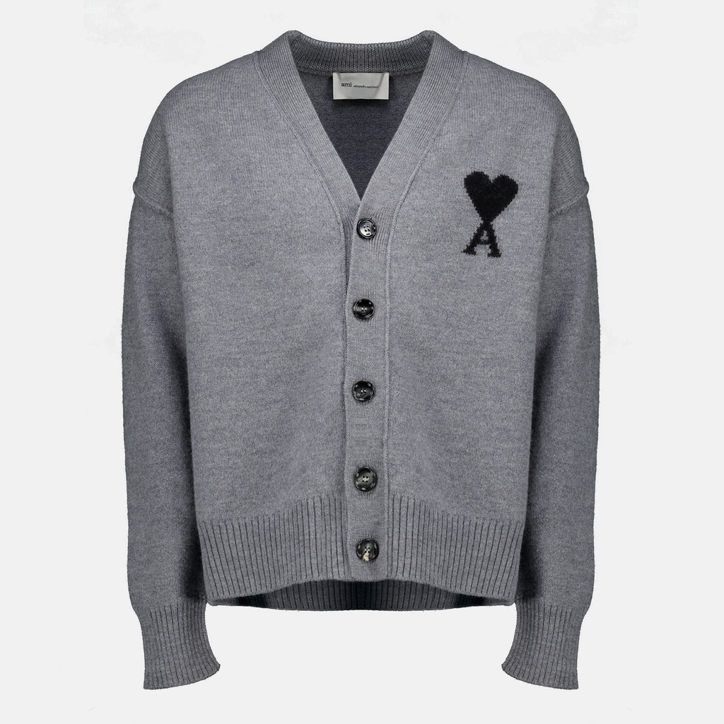 Maille Gray AMI Heart Cardigan in Wool Ami PARIS Gris Unisexe