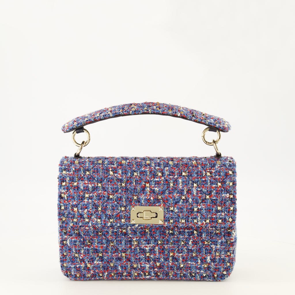 Sacs à main et épaule Borsa Medium Rockstud Spike in Tweed Valentino Garavani Bleu foncé Femme