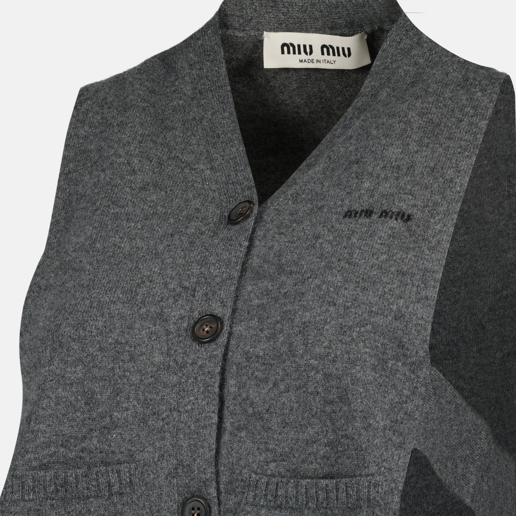 Image de l'article Cardigan en laine gris sans manches de la marque Miu Miu pour Femme - Saison Printemps-Été 2026 - Vue détaillée_1