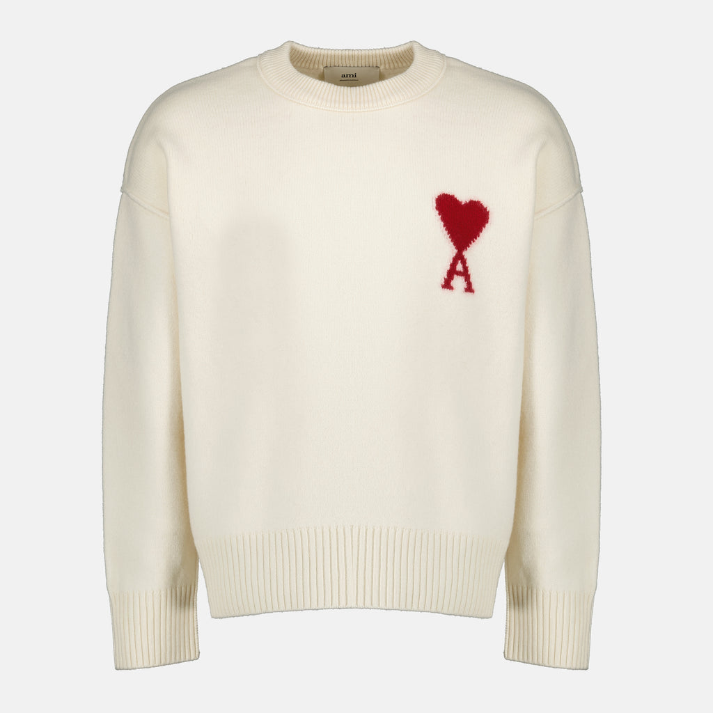 Image of the AMI beige heart sweater by the brand Ami PARIS for Unisex - Spring-Summer 2026 - Front View