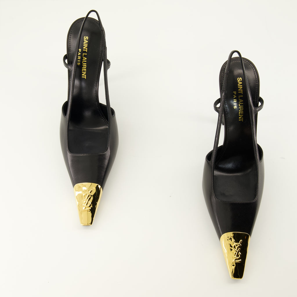 Escarpins Jeanne Slingbacks em Pele Preta Saint Laurent Noir Femme