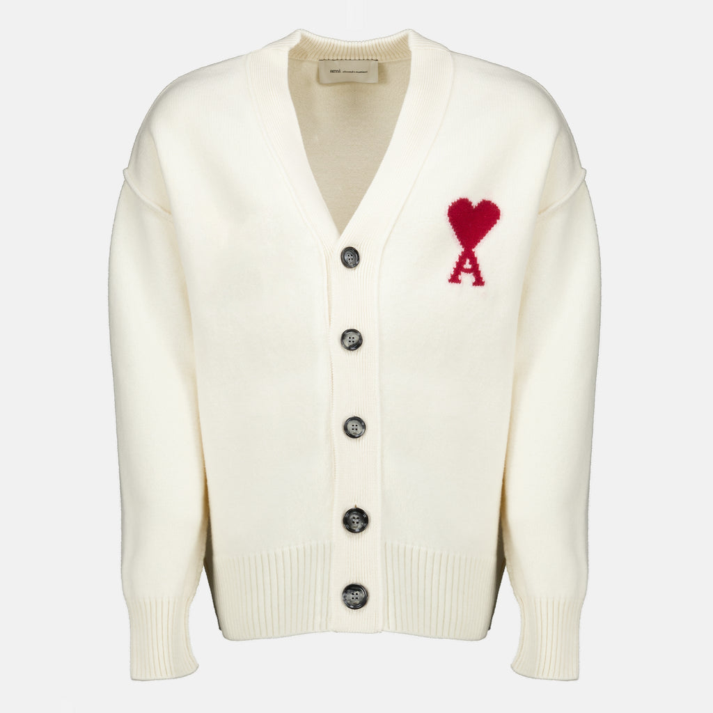 Maille Cardigan AMI Coração em Lã Branca Ami PARIS Blanc Unisexe