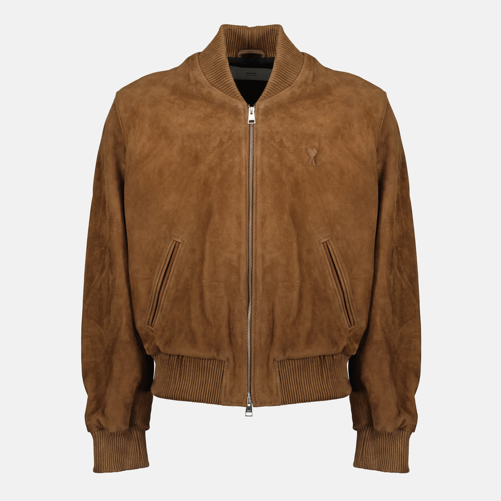 Image of the Ami PARIS Suede Leather Bomber Jacket for Men - Fall-Winter 2025 - Front View