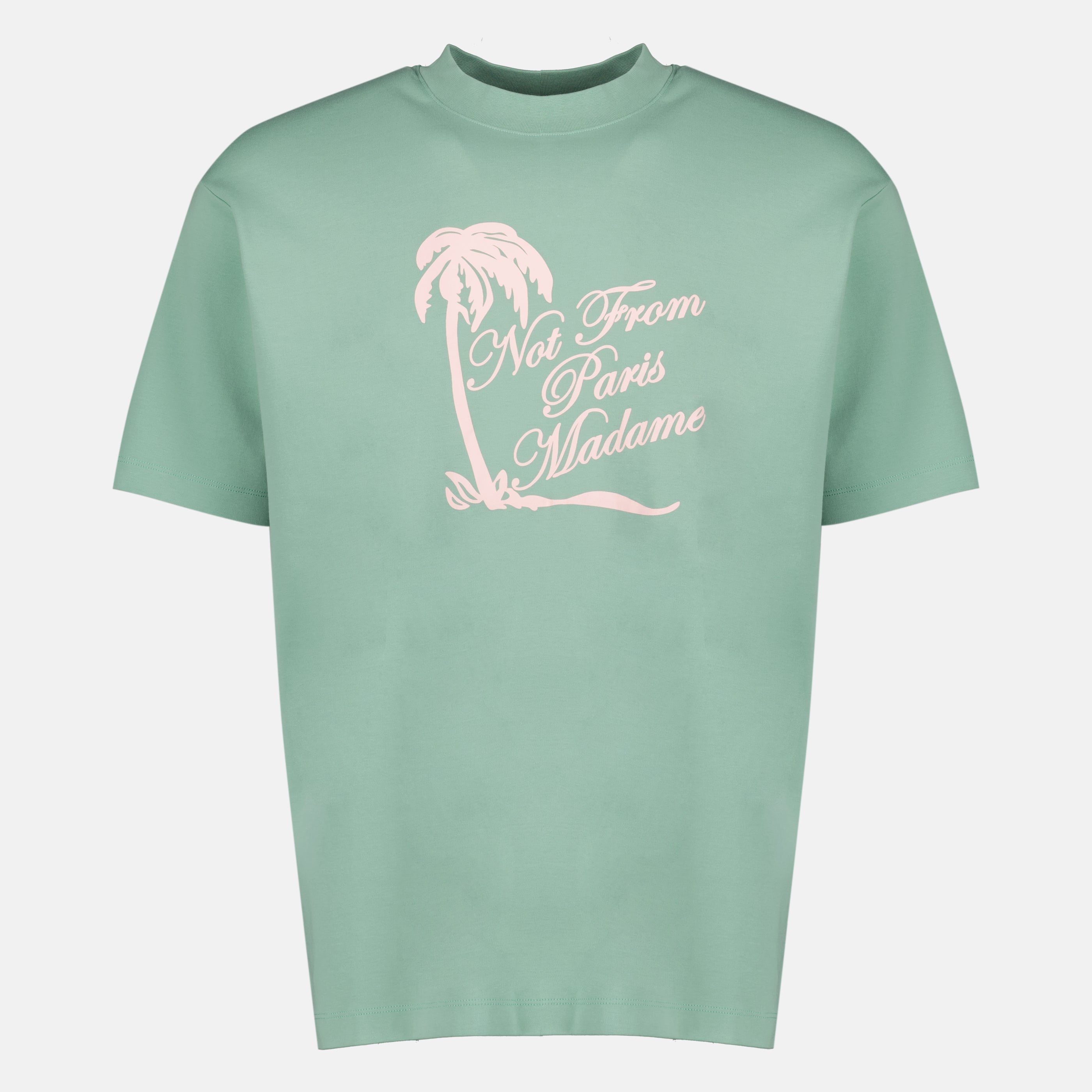 Imagem da t-shirt verde com slogan de palmeira da marca Drole De Monsieur para homem - Época Primavera-Verão 2026 - Vista Frontal