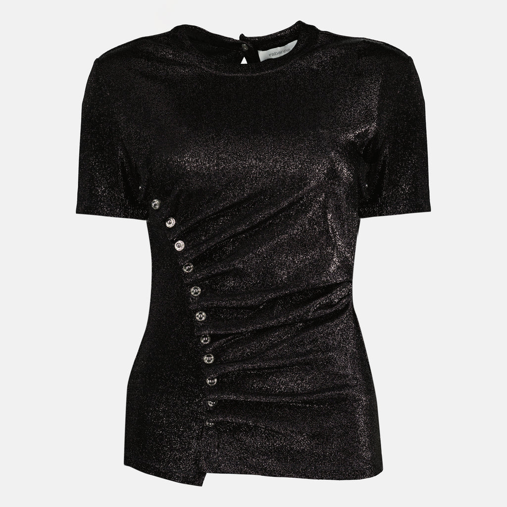 Imagen del top drapeado de jersey brillante de la marca Rabanne para Mujeres - Temporada Primavera-Verano 2026 - Vista Frontal