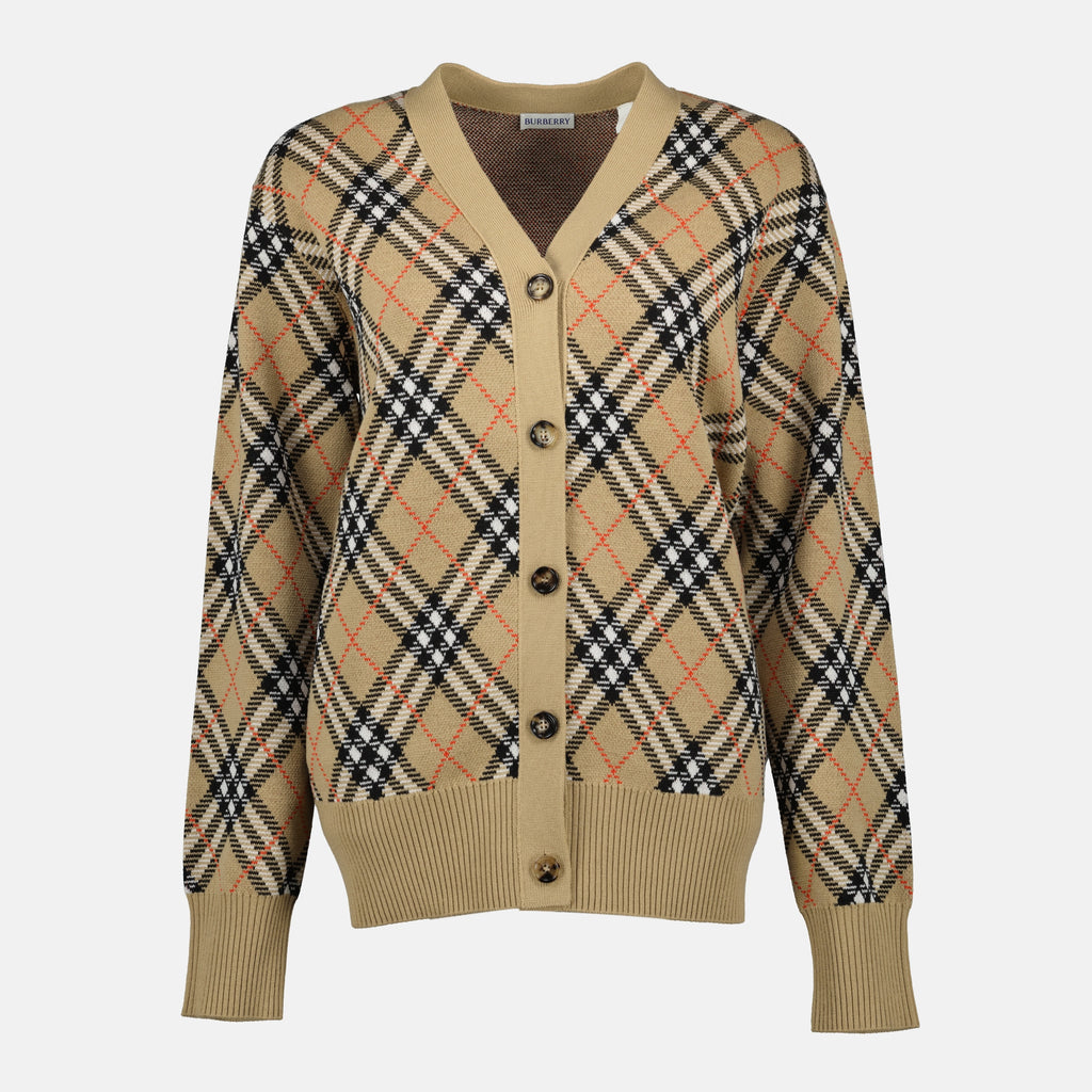 Knitted Check Plaid Cardigan Burberry Beige Women