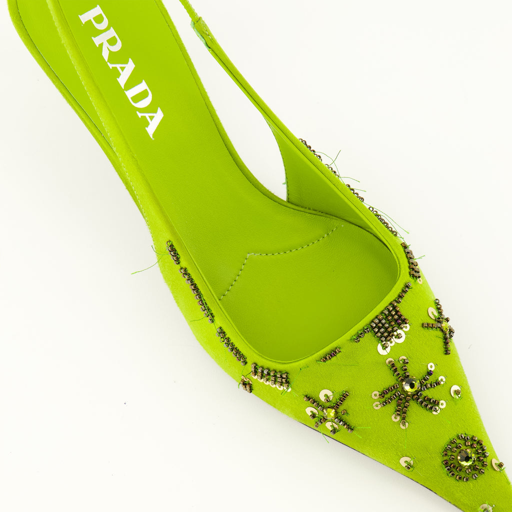 Escarpins 녹색 자수 새틴 베이비스 힐 Prada Vert Femme