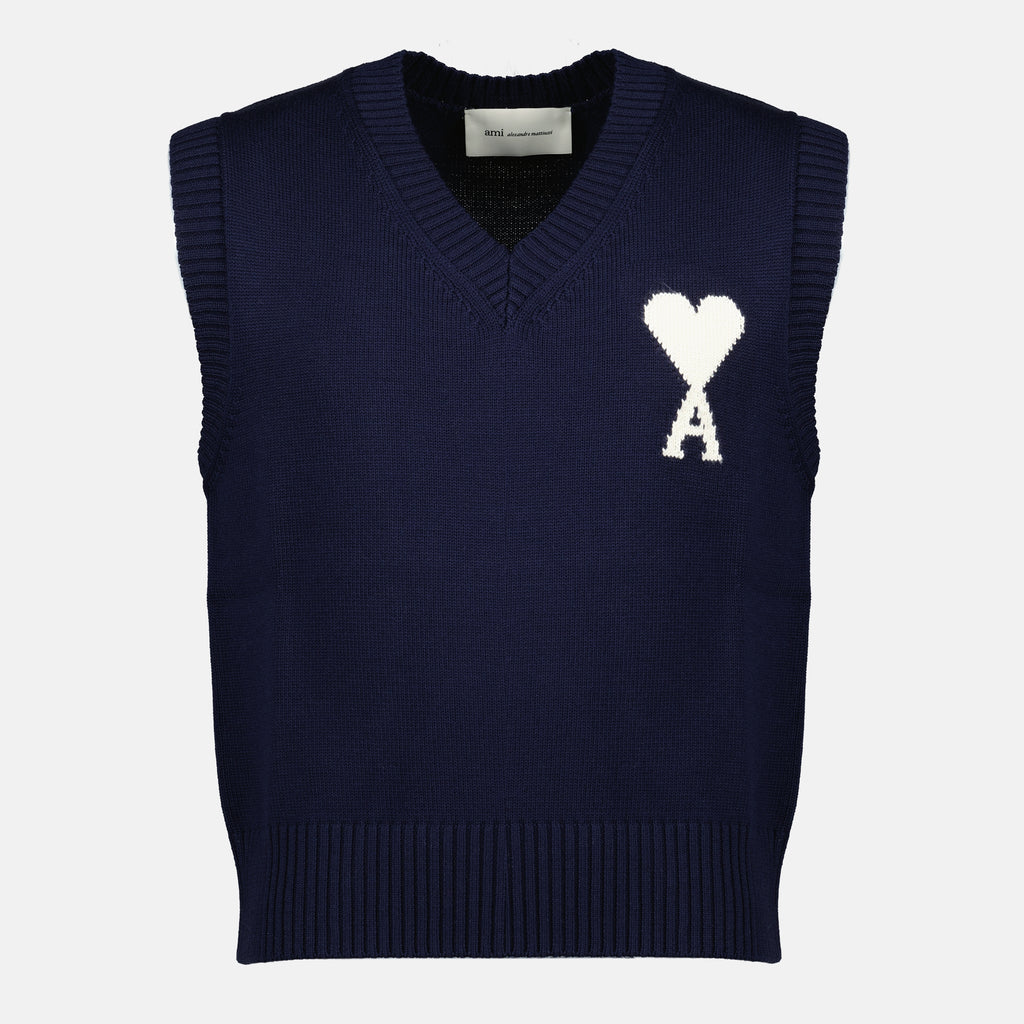 Image of the AMI sleeveless sweater with navy blue heart from the brand Ami PARIS for Unisex - Spring-Summer 2026 - Front View