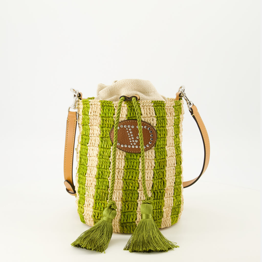 Sacs seau Kleine gestreifte grüne Raffia-Bucket-Hüfttasche Valentino Garavani Vert Femme