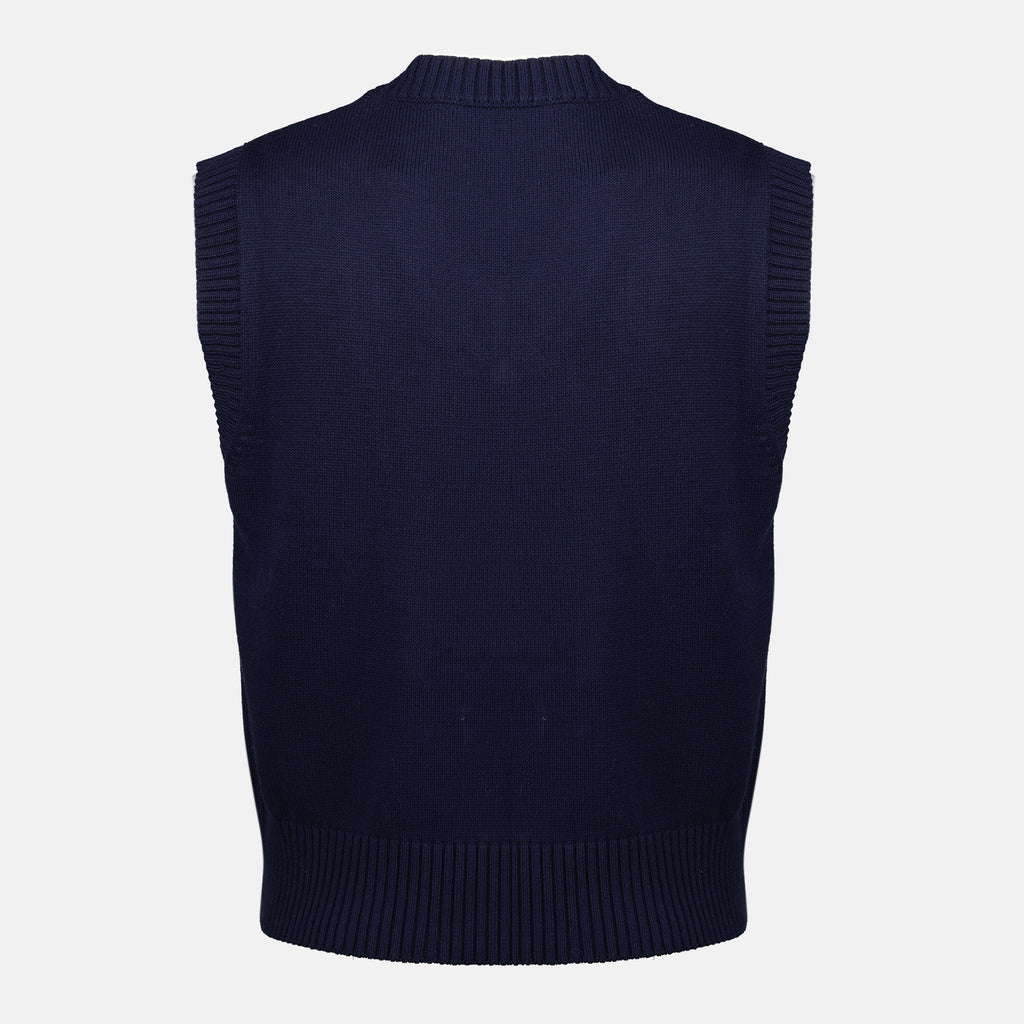 Image of the AMI sleeveless sweater with navy blue heart from the brand Ami PARIS for Unisex - Spring-Summer 2026 - Back View