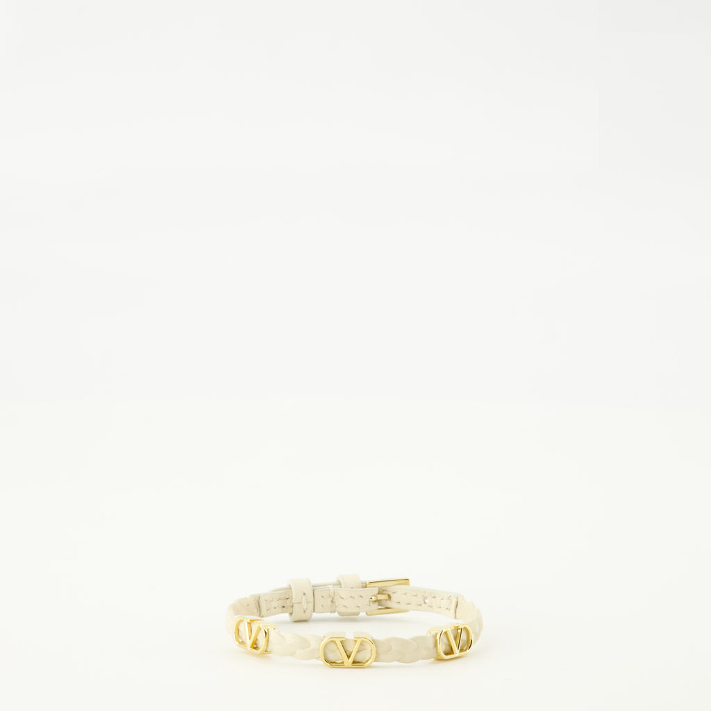 Image of the beige Vlogo leather bracelet from the brand Valentino Garavani for Women - Spring-Summer 2026 - Front View