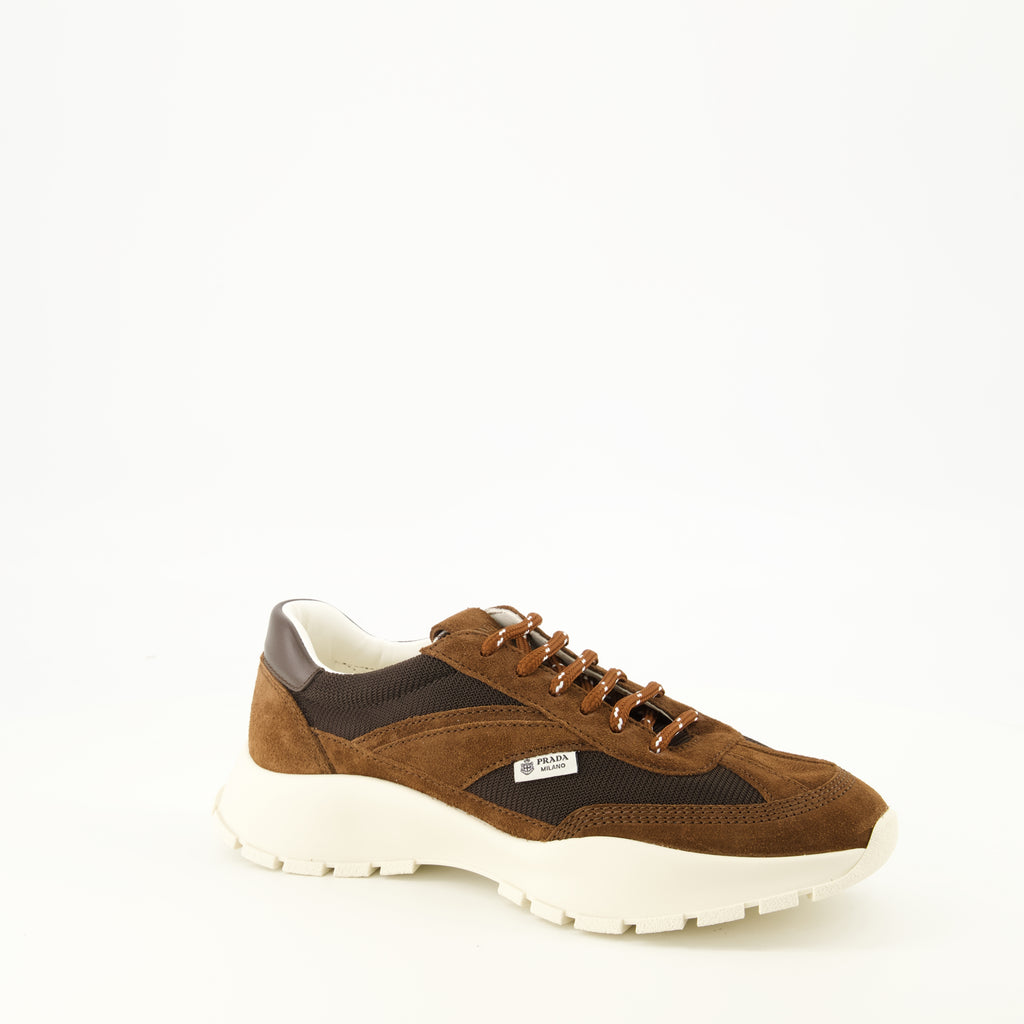 Baskets Sapatilhas de Malha e Camurça Castanhas Prada Marron Femme