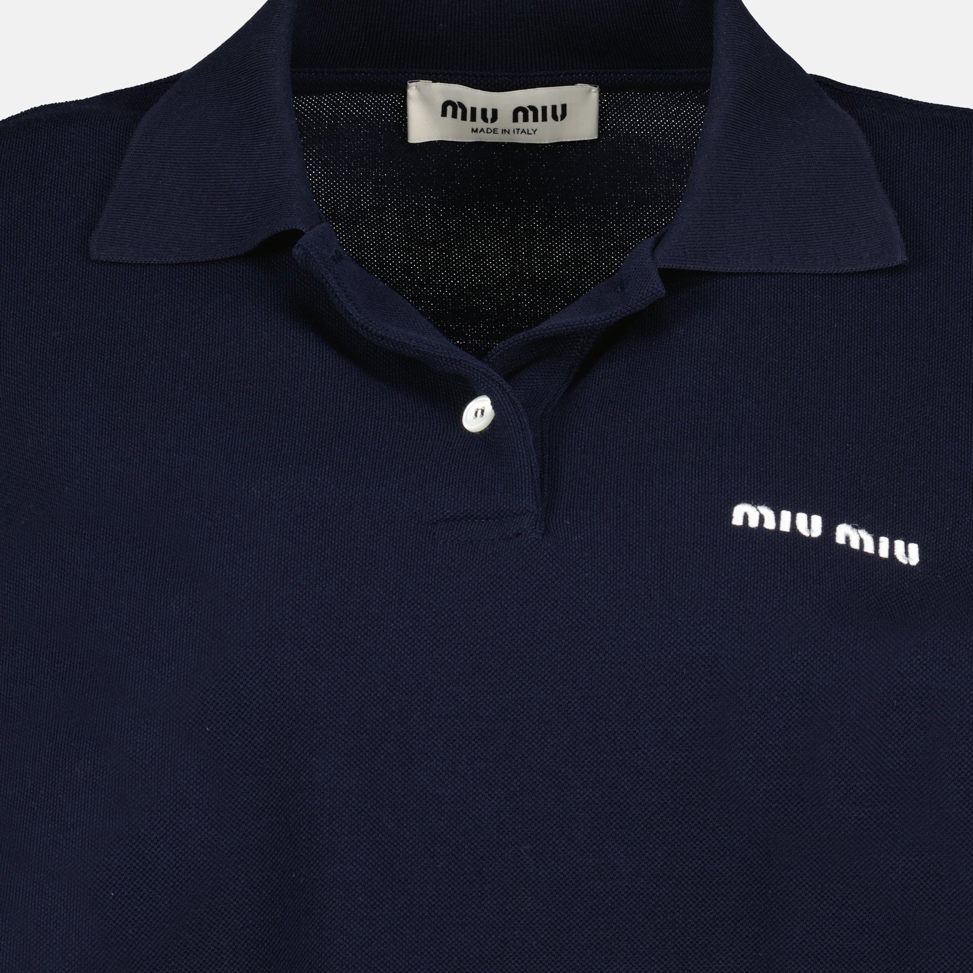 Image de l'article Polo en conton piqué bleu marine de la marque Miu Miu pour Femme - Saison Printemps-Été 2026 - Vue détaillée_2