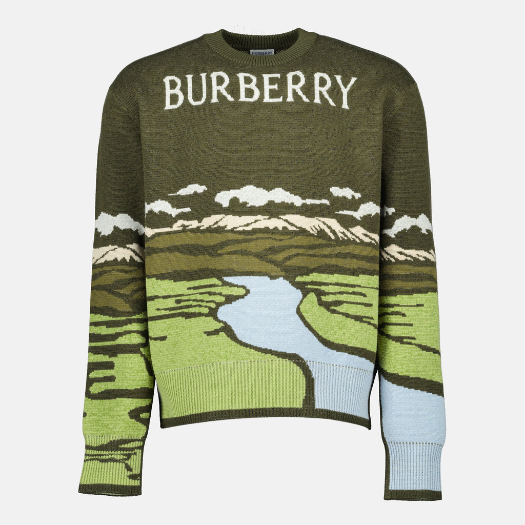 Imagen del suéter paisajístico de lana color caqui de Burberry para Hombre - Temporada Primavera-Verano 2026 - Vista Frontal