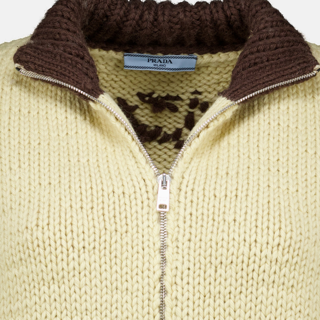 Maille Zipped Wool Cardigan Prada Marron Femme