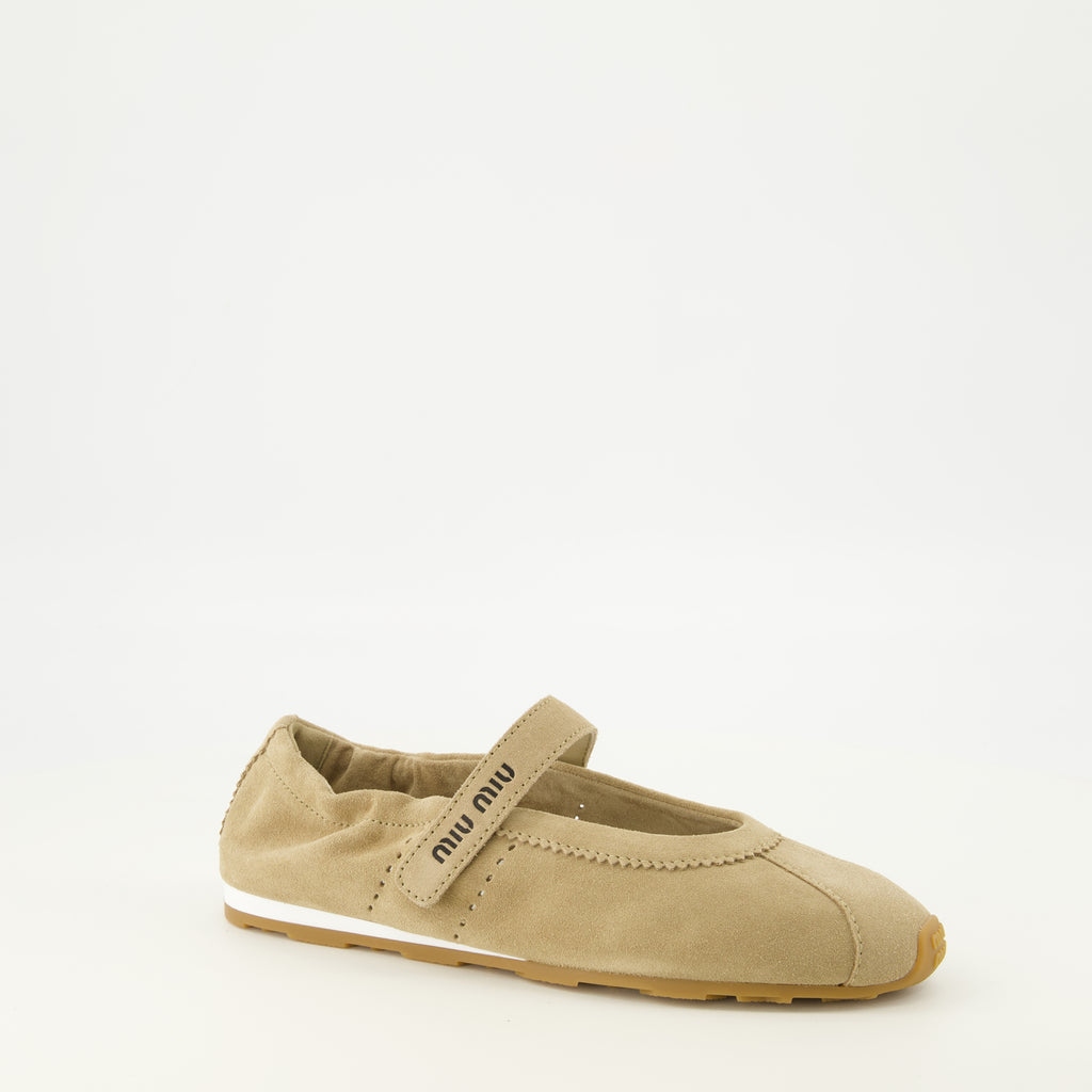Chaussures plates Plume Ballet Flats em Camurça Bege Miu Miu Beige Femme