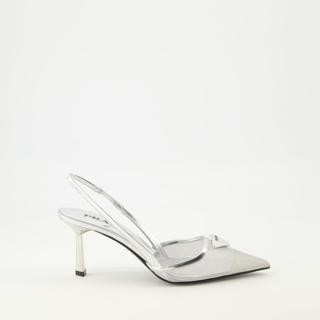 Image de l'article Escarpins en mesh argenté de la marque Prada pour Femme - Saison Printemps-Été 2026 - Vue latérale droite