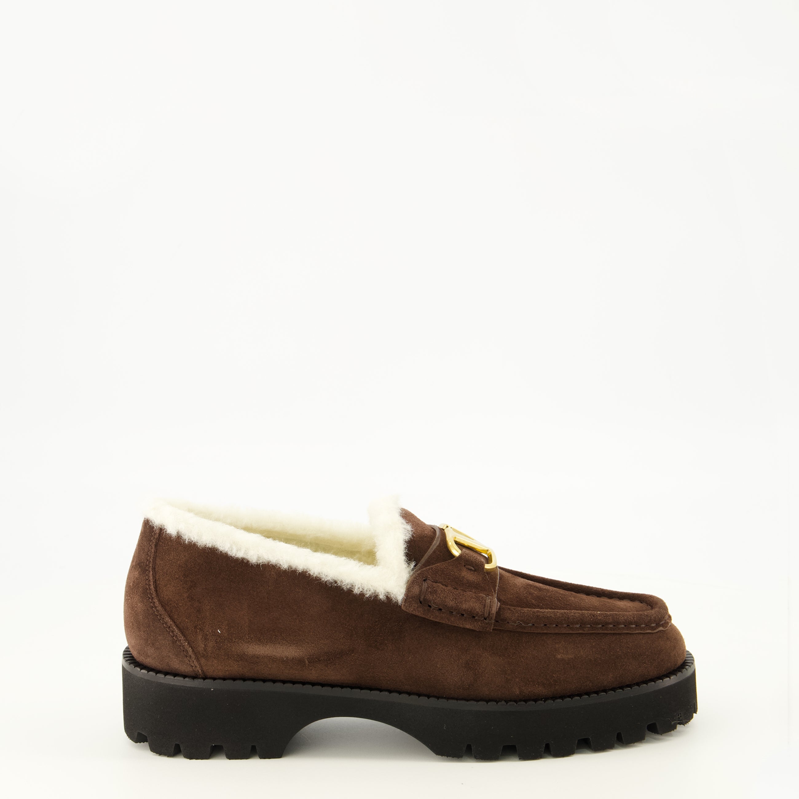 Mocassins VLogo Wildleder- und Pelzslipper in Braun Valentino Garavani Marron Femme