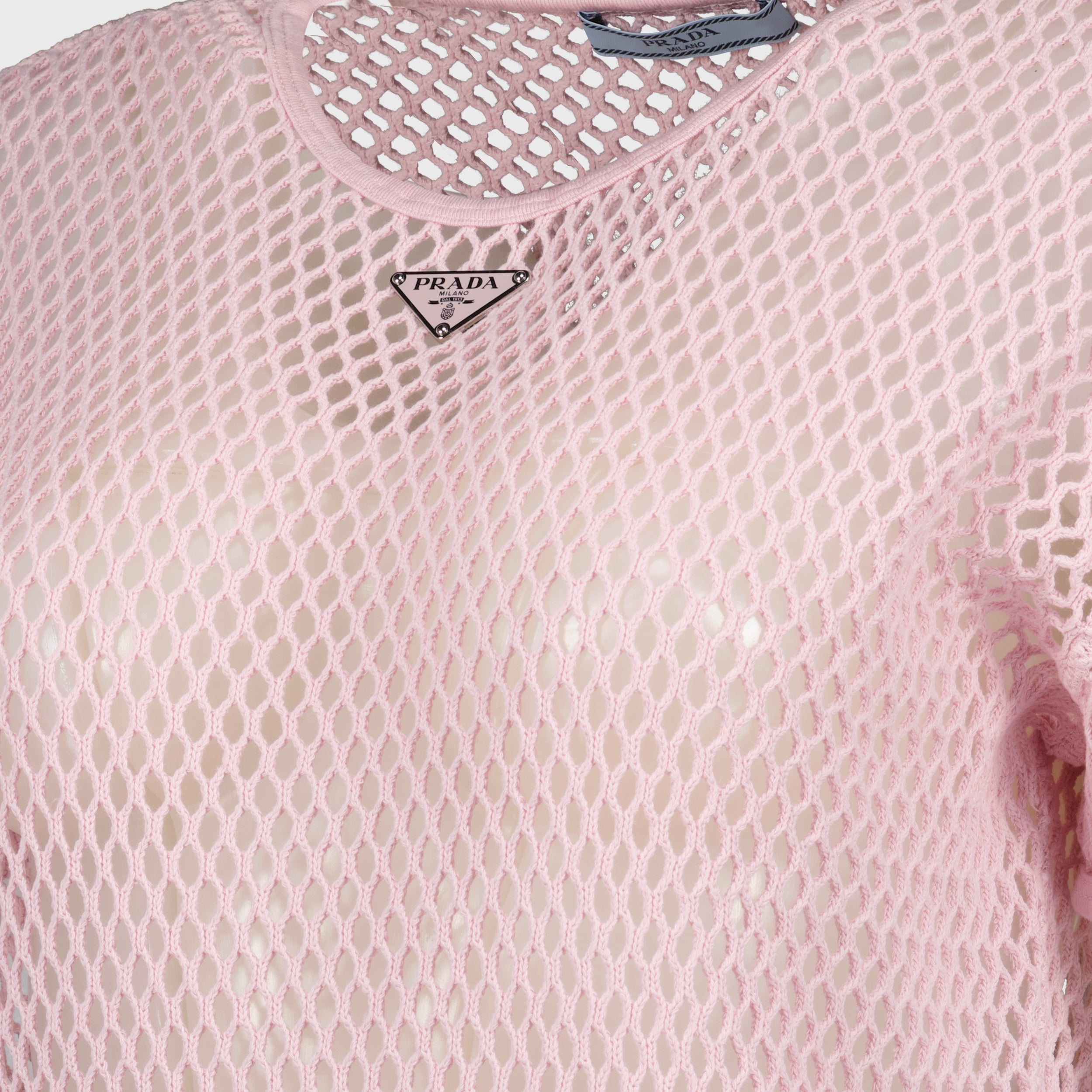 T-shirt Top in Mesh di Cotone Prada Rosa Femme