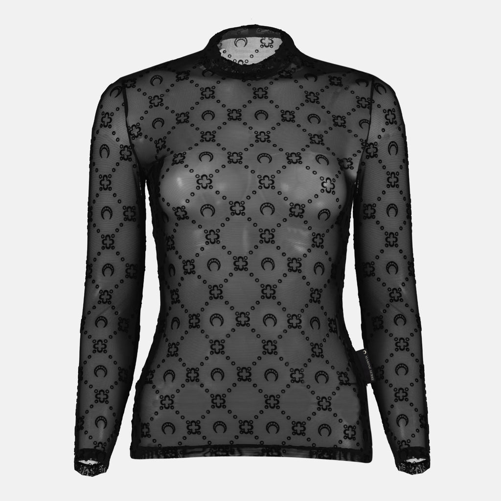 Bild des schwarzen Mesh-Monogramm-Tops von Marine Serre für Frauen - Herbst-Winter 2025 Saison - Vorderansicht