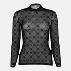 Bild des schwarzen Mesh-Monogramm-Tops von Marine Serre für Frauen - Herbst-Winter 2025 Saison - Vorderansicht