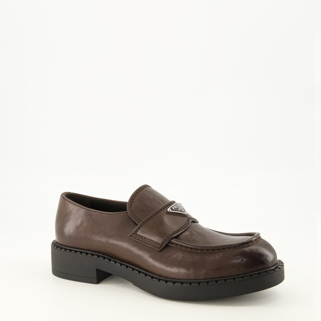 Mocassins Braune Leder Slipper Prada Marron Homme