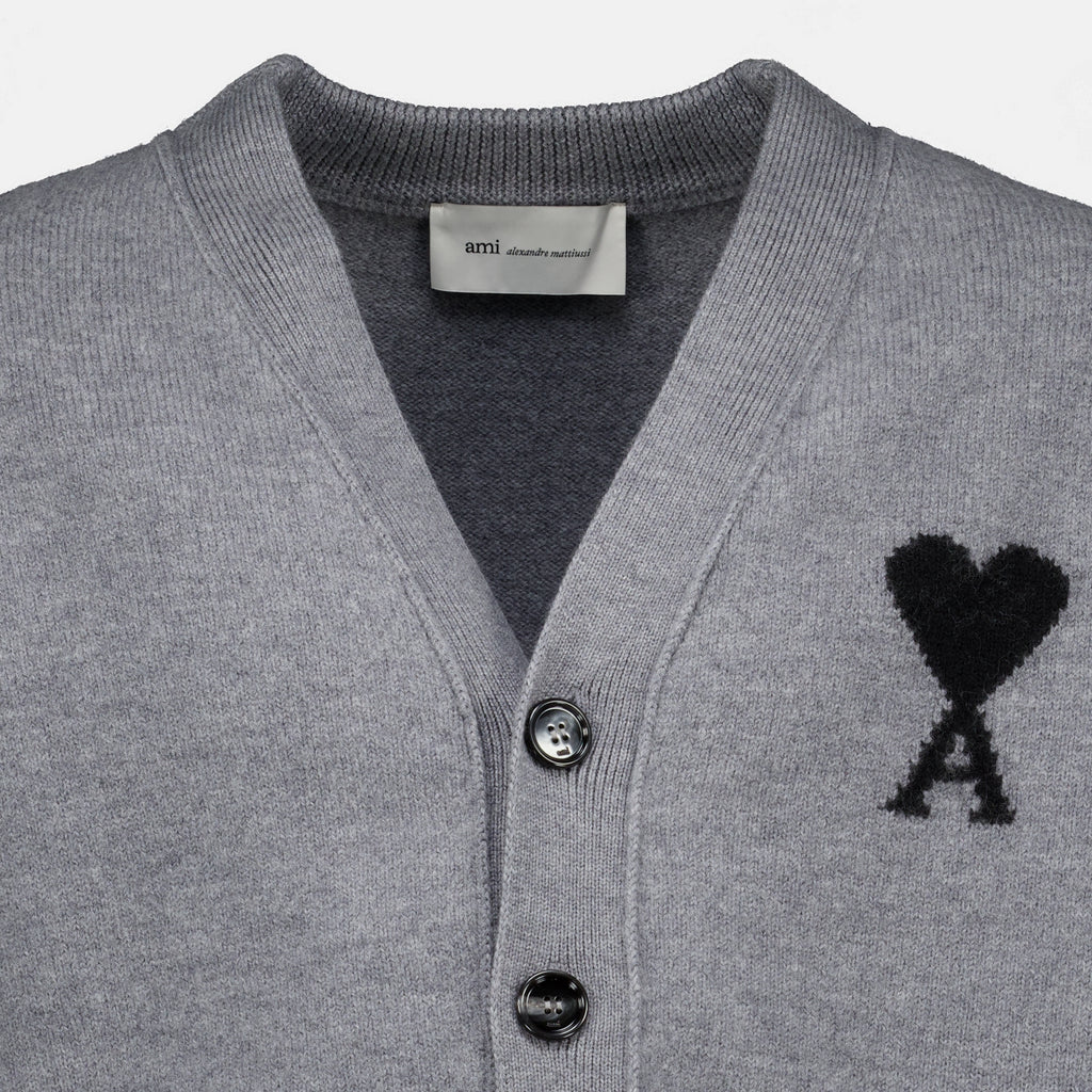 Maille Gray AMI Heart Cardigan in Wool Ami PARIS Gris Unisexe