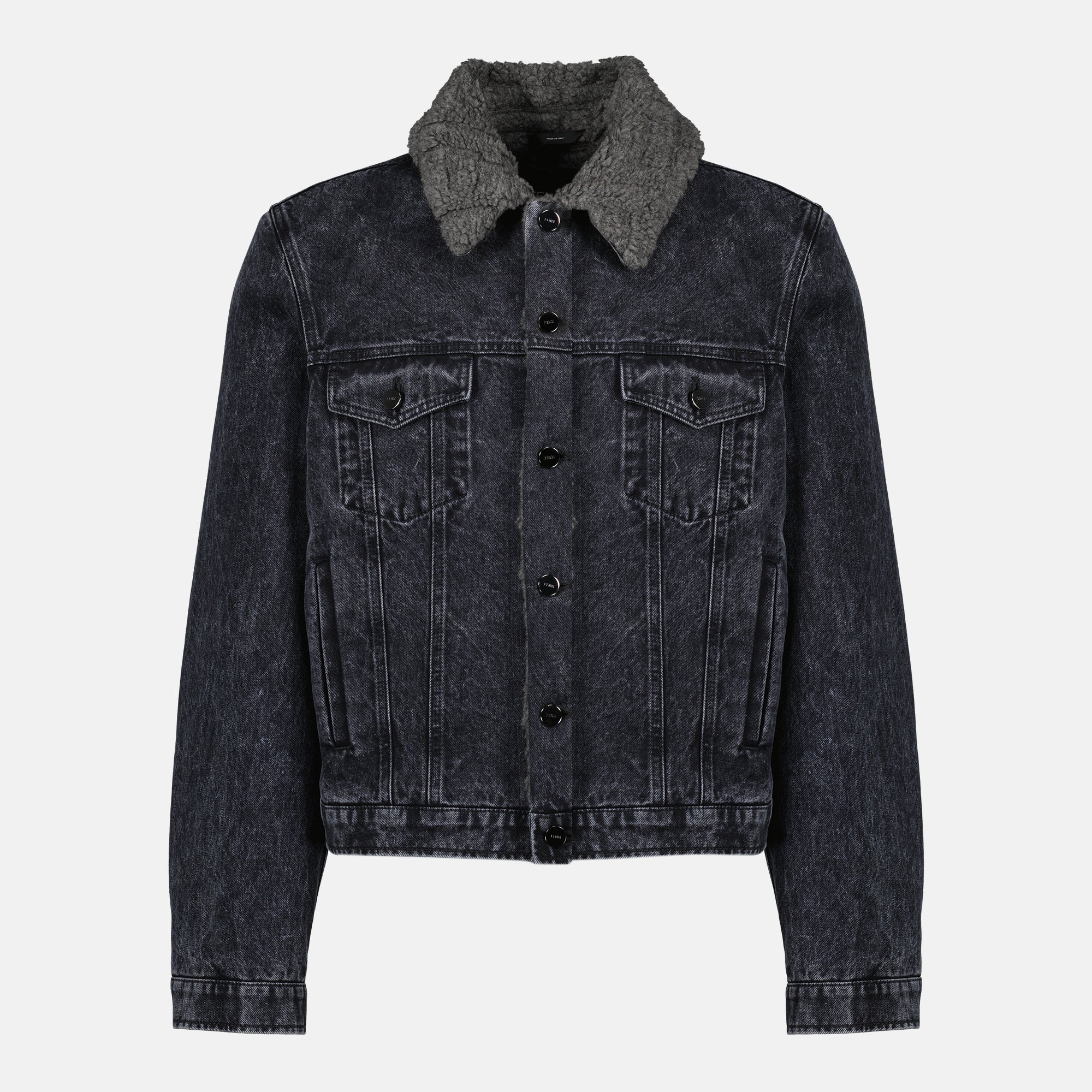 Image of the black fleece-lined denim jacket by Fendi for Men - Autumn-Winter 2025 - Front View