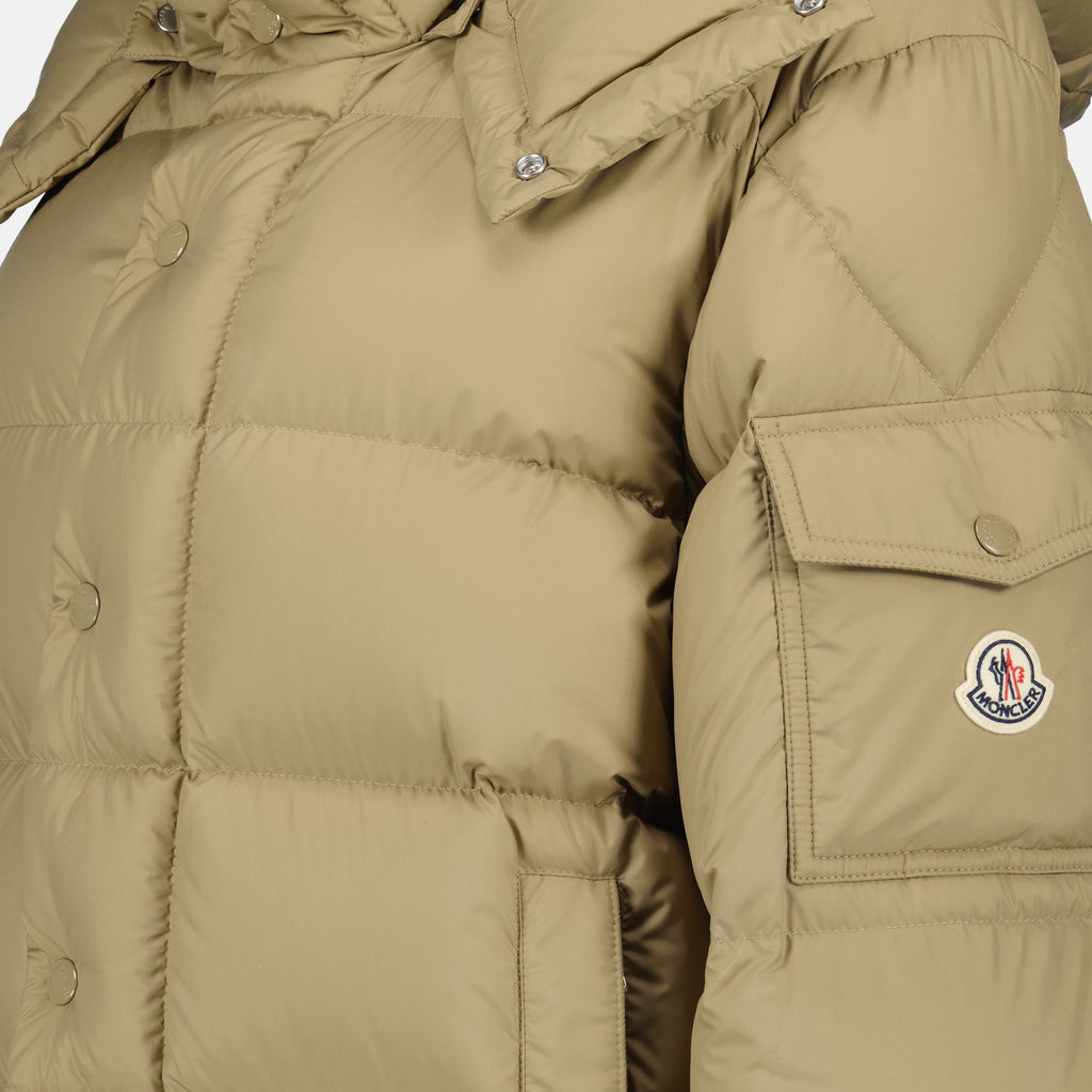 Image of the Maya 70 beige down jacket from the Moncler brand for Women - Autumn-Winter 2025 - Detailed View_1