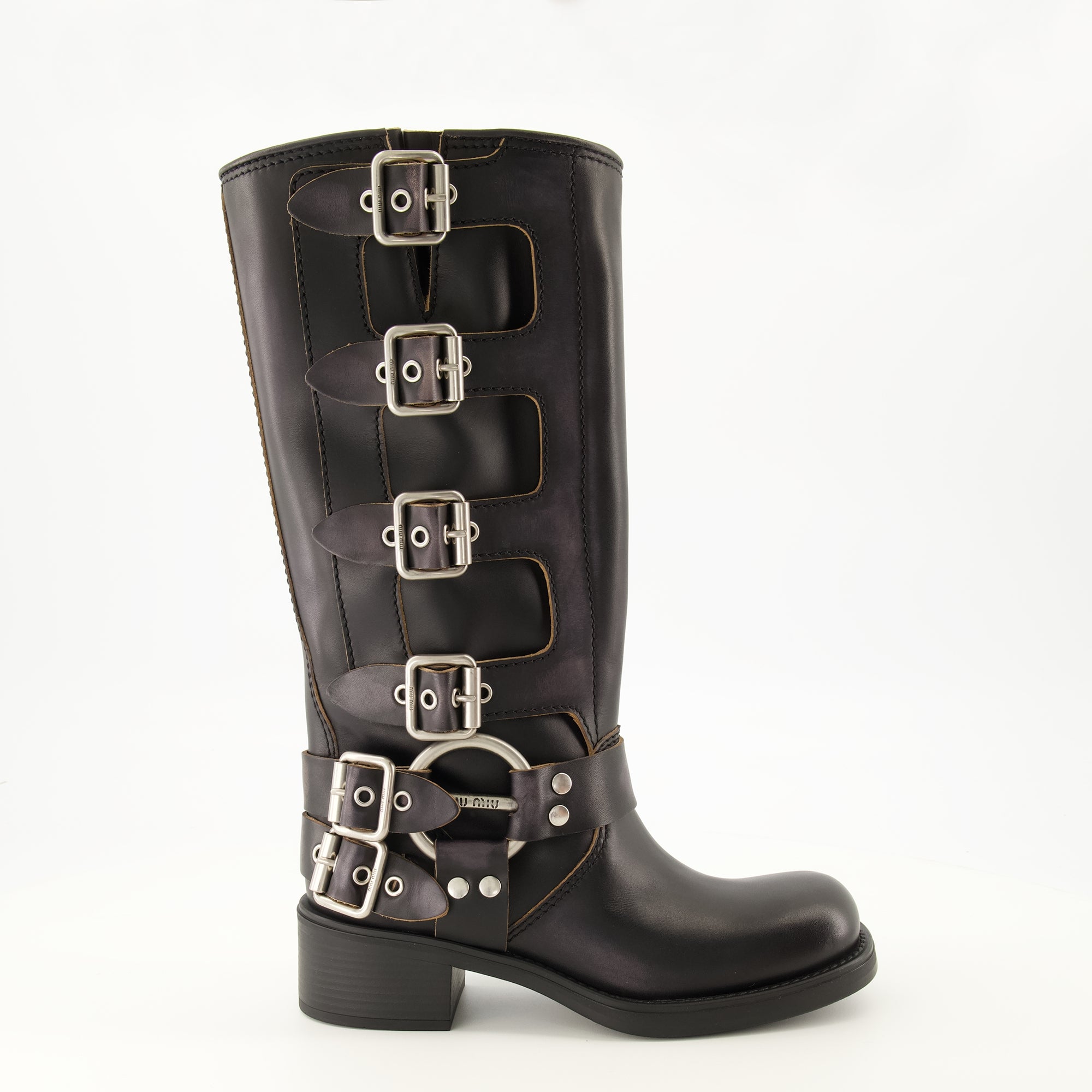 Bottes 검은 가죽 부츠 Miu Miu Noir Femme