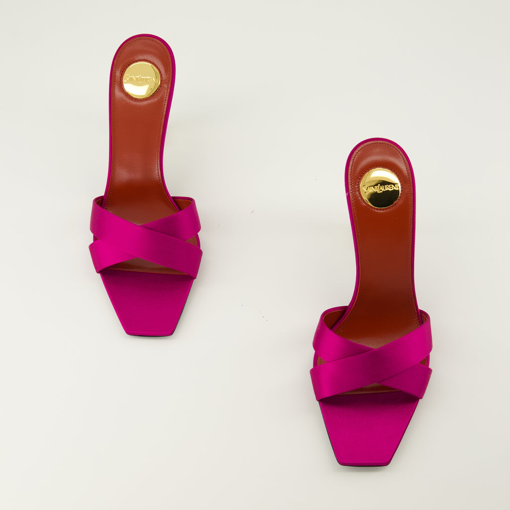 Immagine delle mule con tacco Opyum rosa del marchio Saint Laurent per donna - Collezione Primavera-Estate 2026 - Vista dall'alto del paio di scarpe