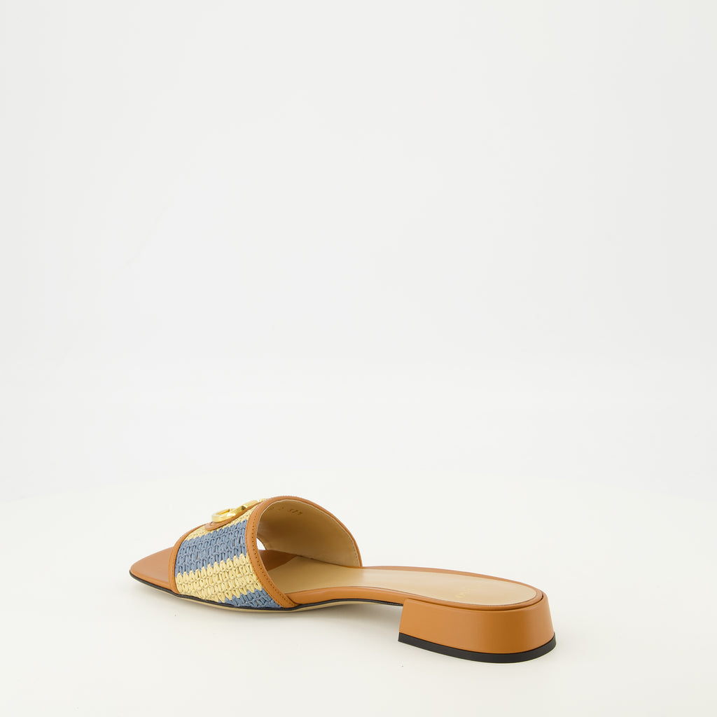 Image of Vlogo Sandals in beige and blue raffia by Valentino Garavani for Women - Spring-Summer 2026 Season - Three-quarters back right view