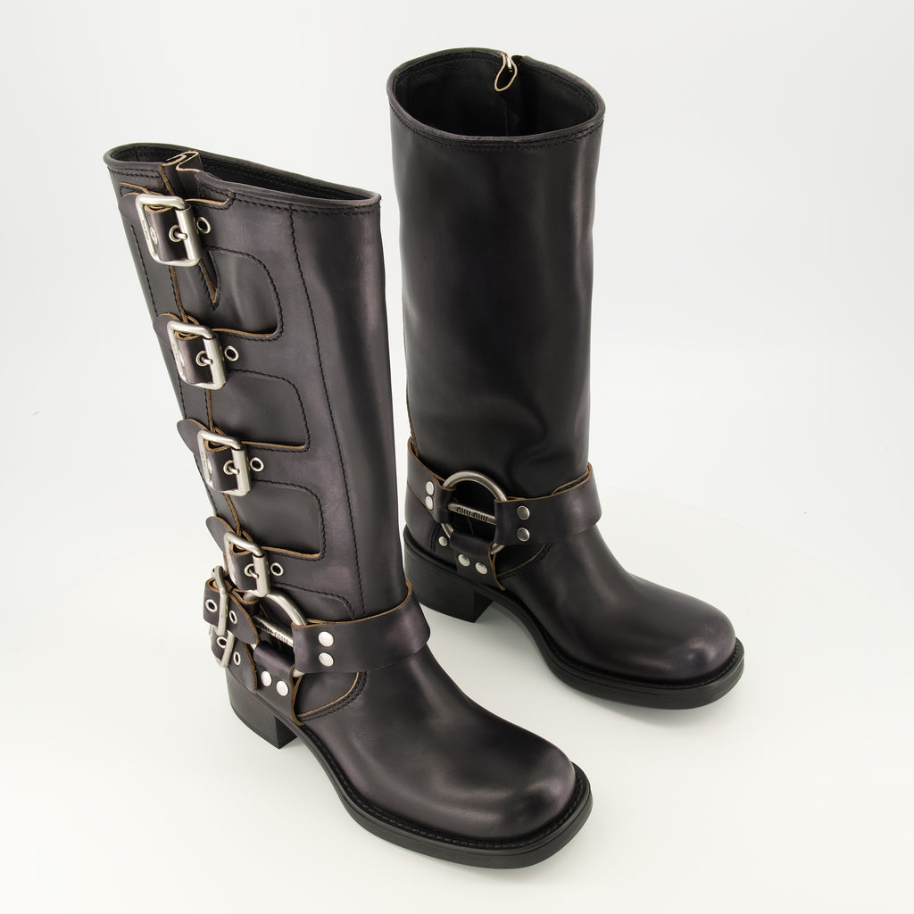 Bottes Stivali in Pelle Nera Miu Miu Noir Femme