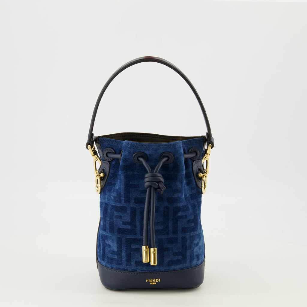 Imagem da bolsa de balde impressa FF azul marinho da marca Fendi para Mulheres - Temporada Primavera-Verão 2026 - Vista Frontal