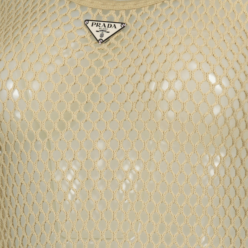 Top Canottiera in Mesh di Cotone Prada Beige Femme