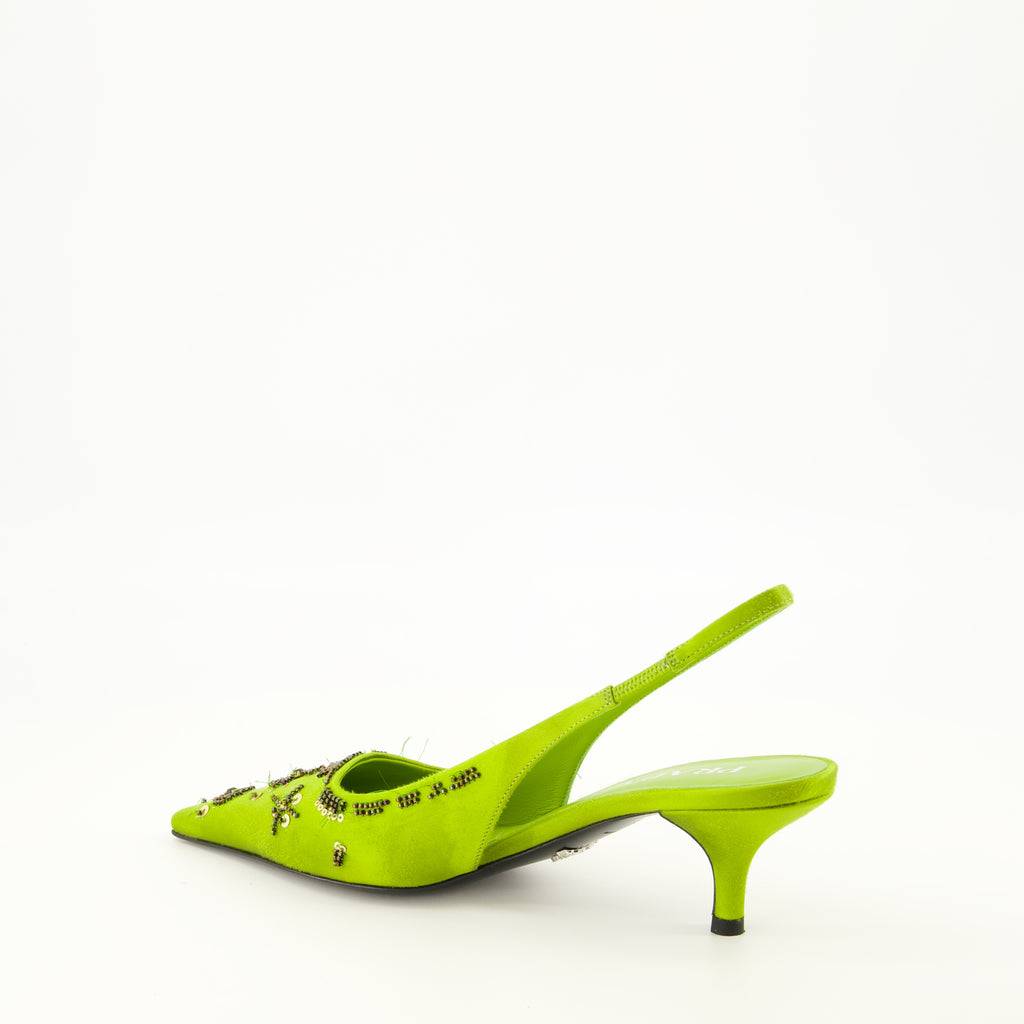 Escarpins 녹색 자수 새틴 베이비스 힐 Prada Vert Femme