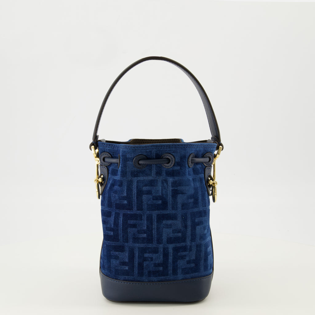 Imagem da bolsa de balde impressa FF azul marinho da marca Fendi para Mulheres - Temporada Primavera-Verão 2026 - Vista Traseira