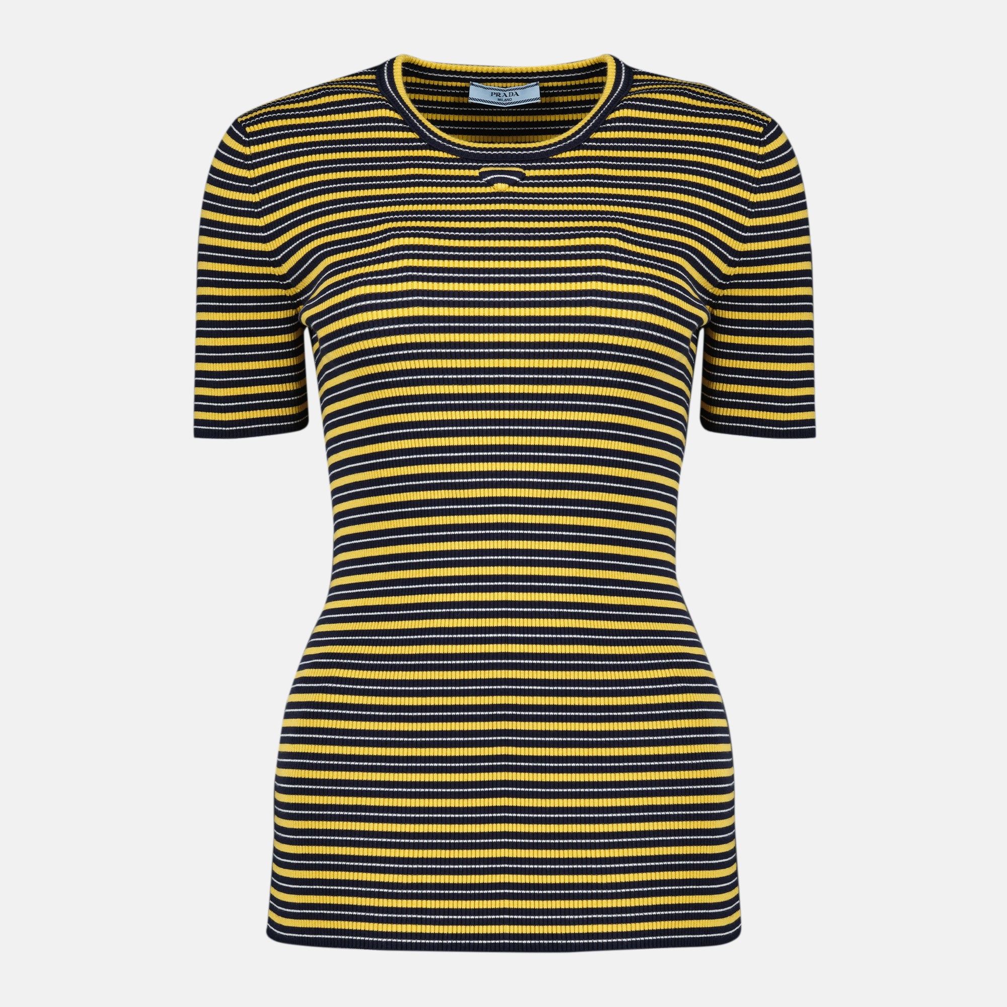 Image de l'article T-shirt côtelé à rayures jaune de la marque Prada pour Femme - Saison Printemps-Été 2026 - Vue de Face
