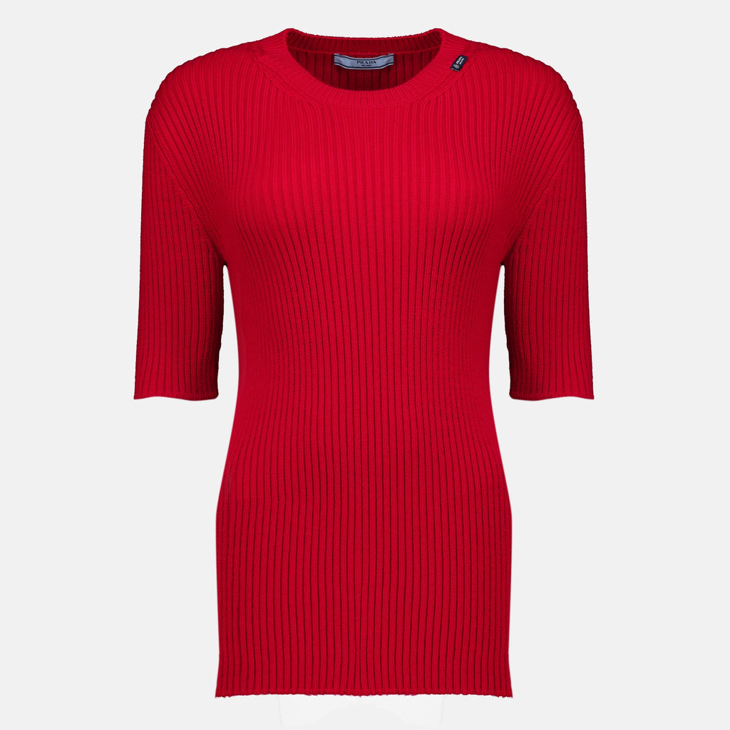Maille Sweater de Malha Canelada de Manga Curta em Vermelho Prada Rouge Femme