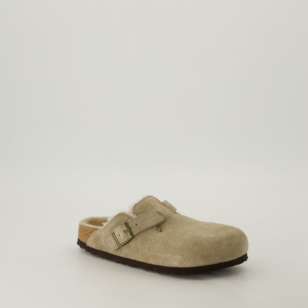 Chaussures ouvertes Mules Boston à fourrure Birkenstock Beige Unisexe