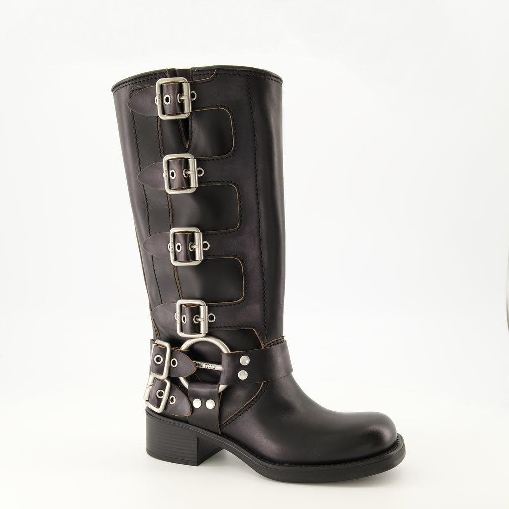 Bottes Stivali in Pelle Nera Miu Miu Noir Femme