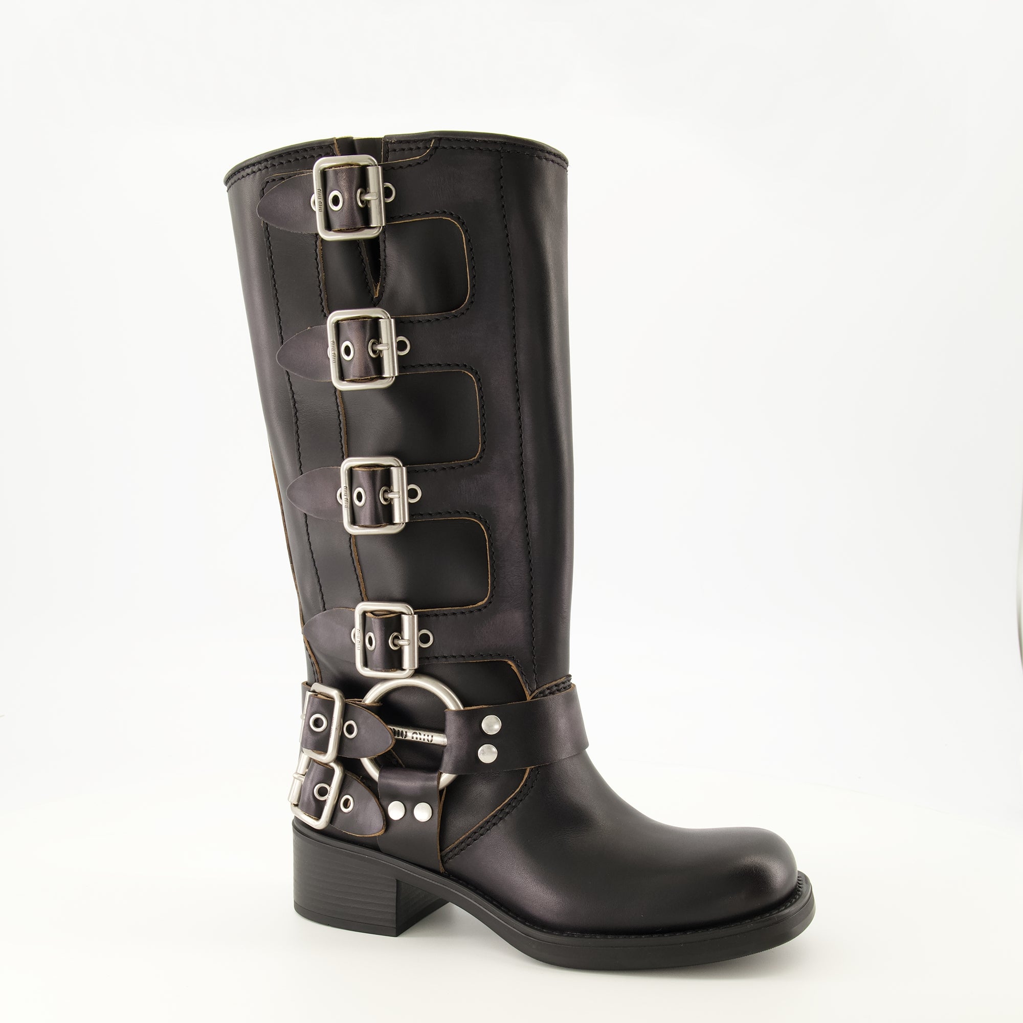 Bottes 검은 가죽 부츠 Miu Miu Noir Femme
