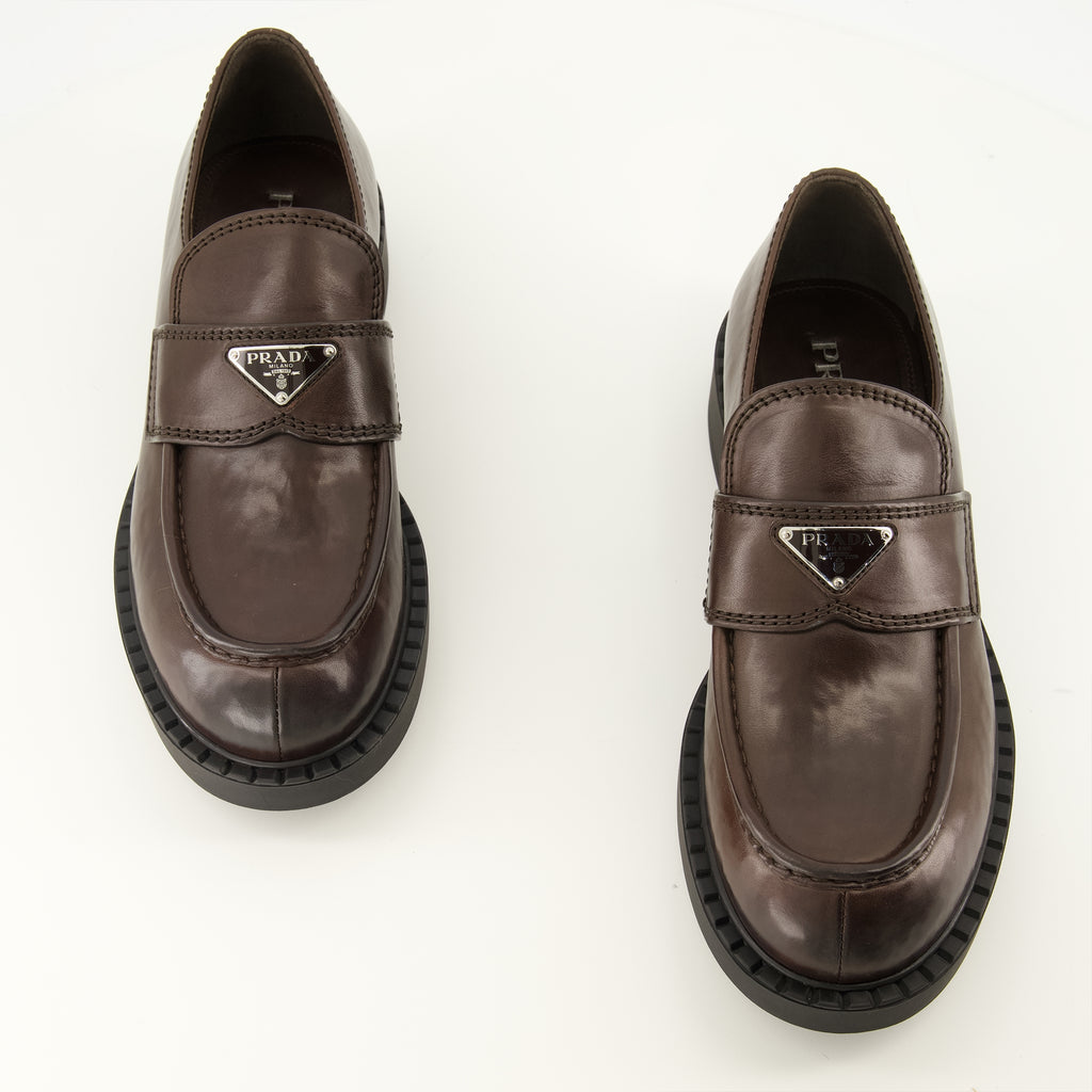 Mocassins Braune Leder Slipper Prada Marron Homme