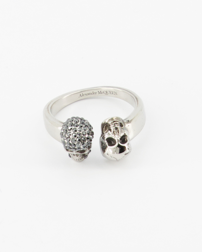 Bijoux Bague double Skull Alexander McQueen Argenté Homme