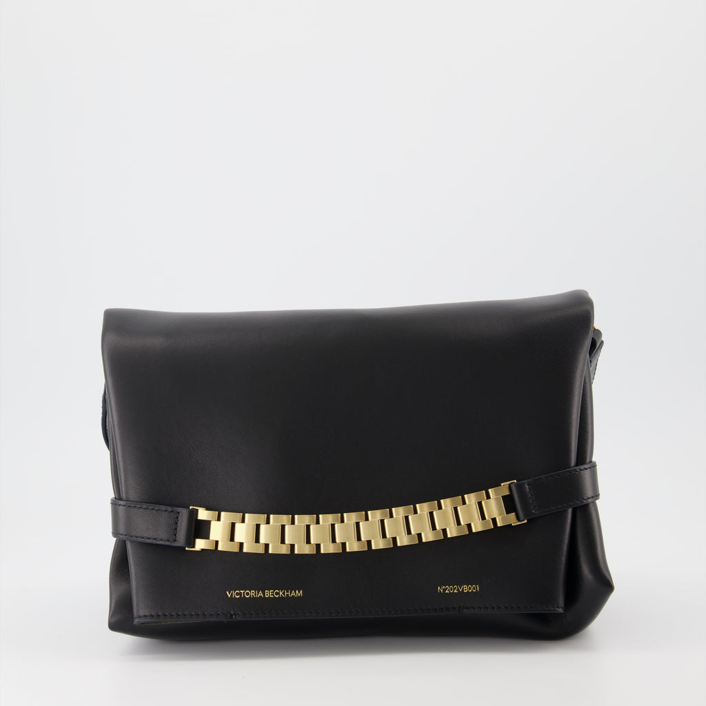 Pochette Chain médium en cuir noir
